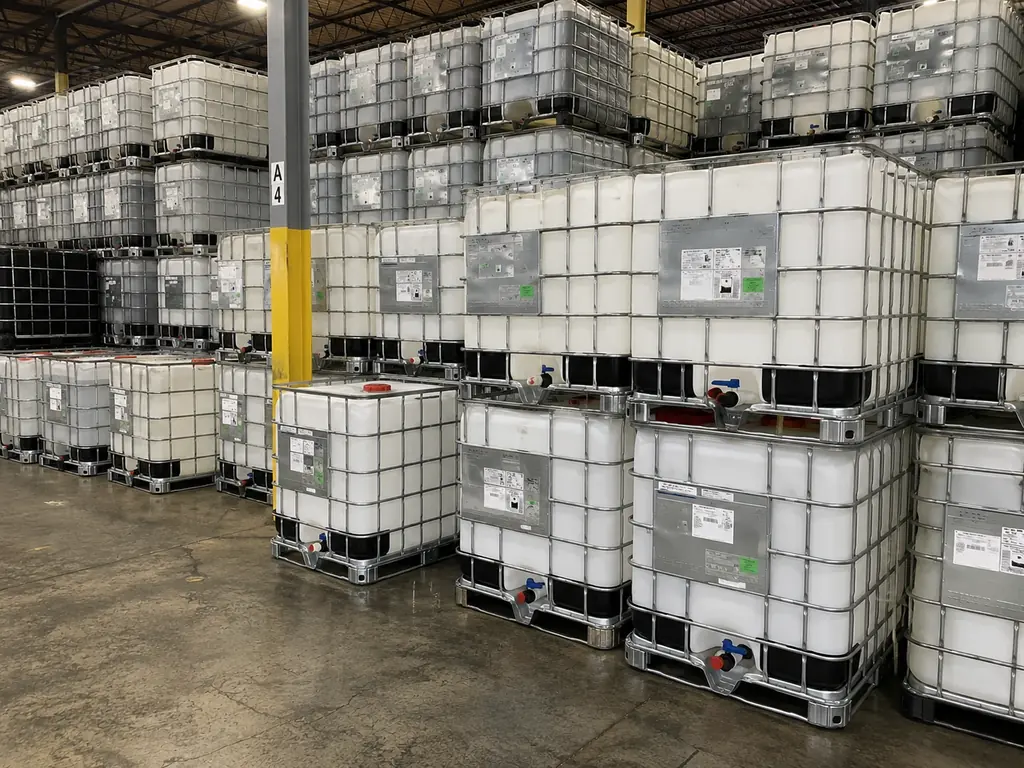 IBC totes stacked two and three high inside a warehouse, filling the frame in long rows either side of an aisle