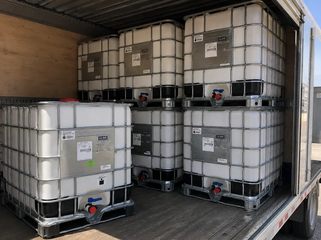 IBC totes loaded single-stacked inside a dry van trailer, strapped over the cage rails with the rear door open to blue sky
