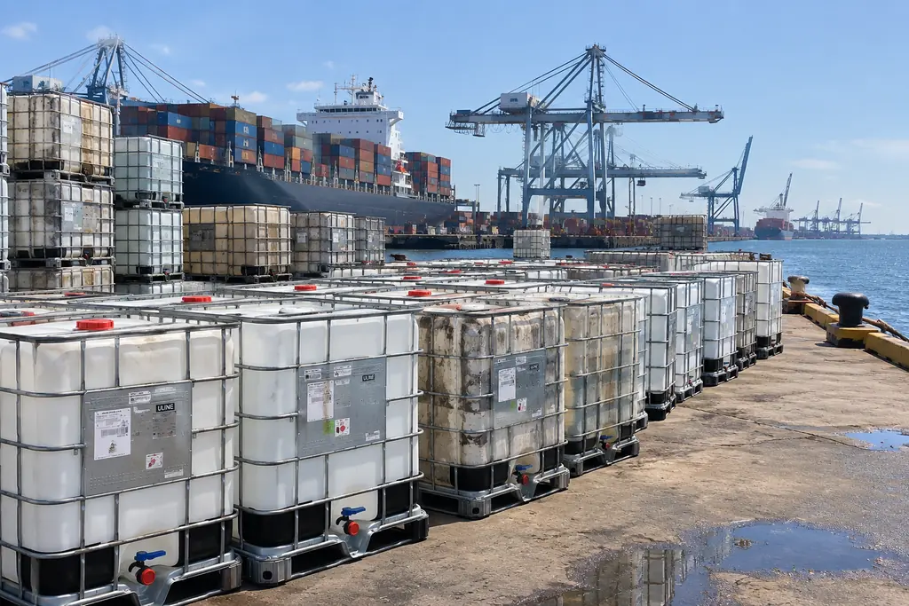 A long line of used IBC totes on a quayside with container cranes and a cargo ship in the background