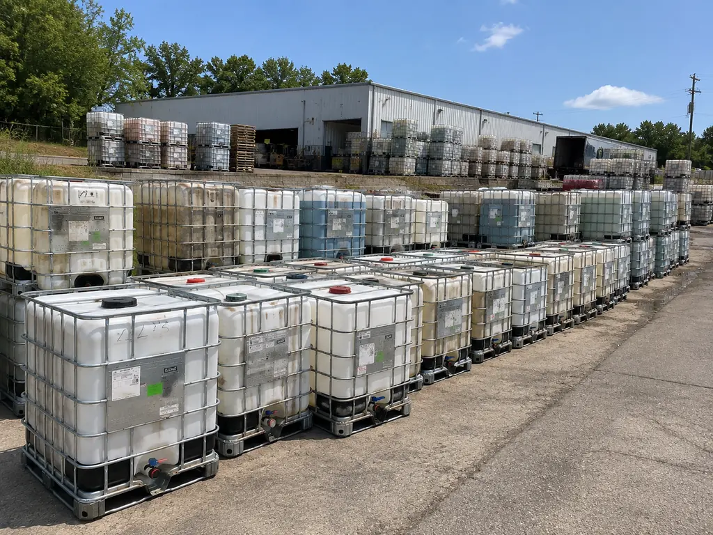 Weathered and discoloured used IBC totes lined up outdoors in front of a warehouse, showing a range of staining and cage condition