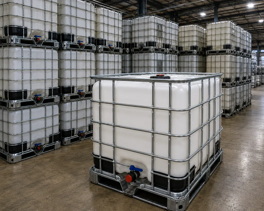 A single clean reconditioned IBC tote in the foreground of a warehouse, with stacks of further containers receding behind it